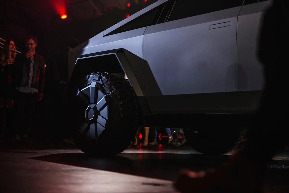 Tesla Cybertruck 2019 concept vehicle front left wheel design, during unveiling event