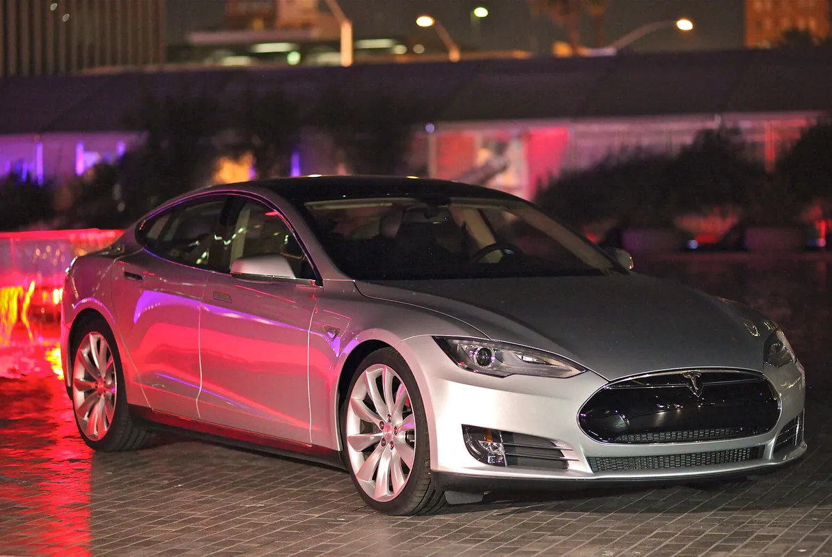 A Tesla Motors Model S sedan in the courtyard of a TED Conference